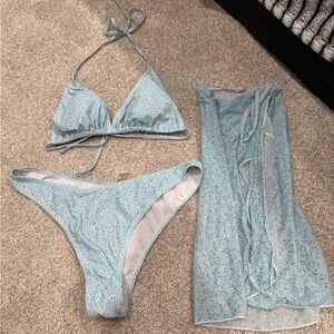 Floral Blue Bikini Set with Cover-Up